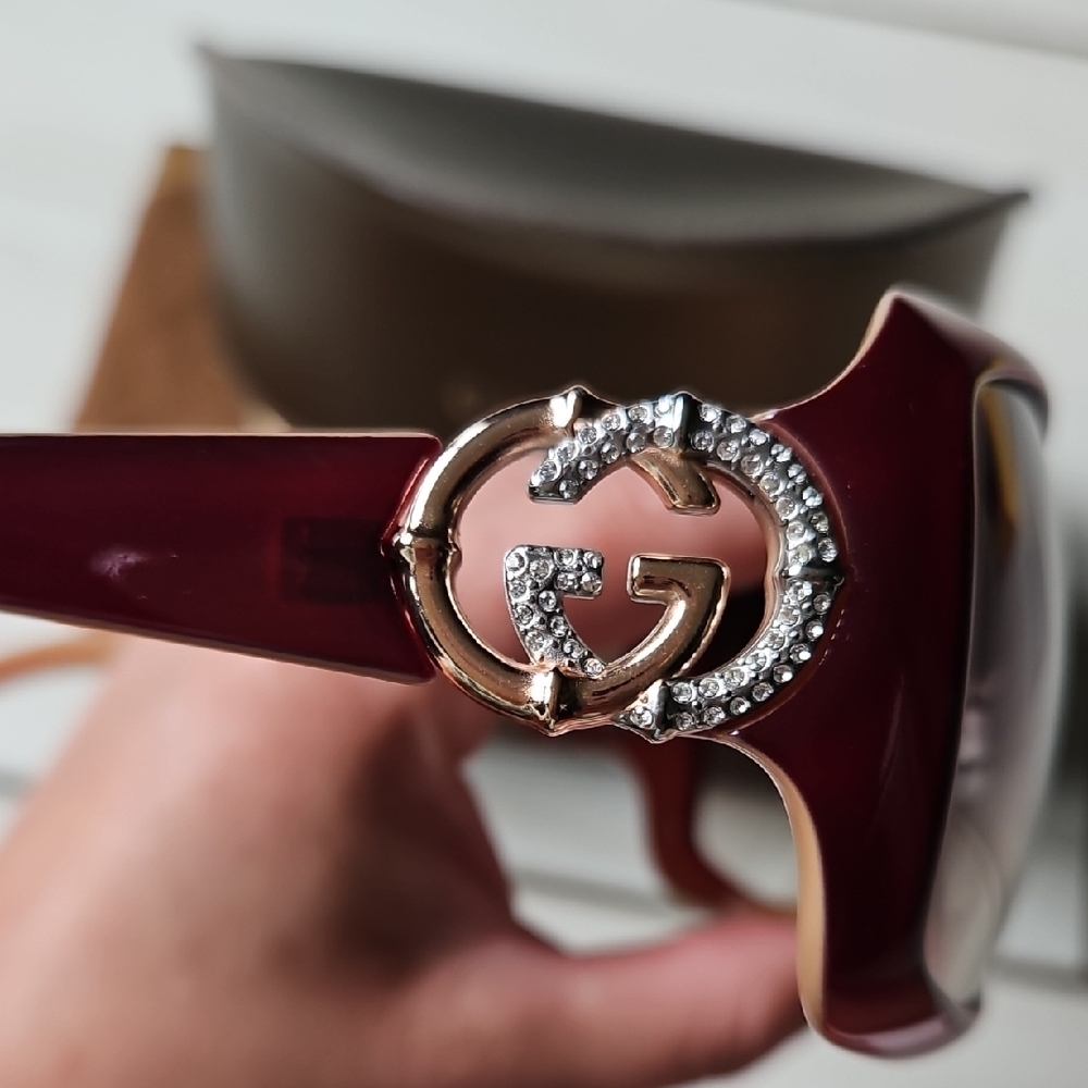 Gucci Bamboo GG Logo Crystal Gold Maroon Sunglasses w/Case + Box - Picture 3 of 8
